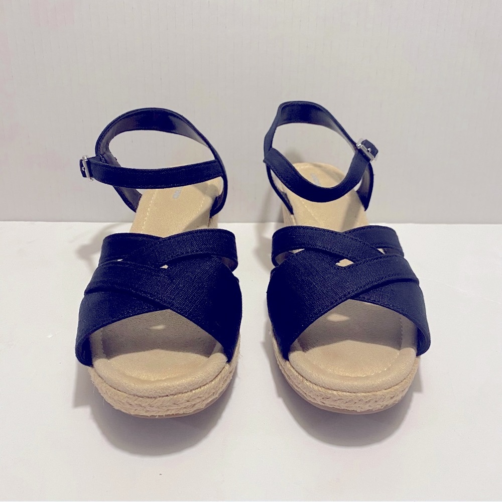 Lands' End Black and Cream Espadrille Shoes with Ankle Strap
